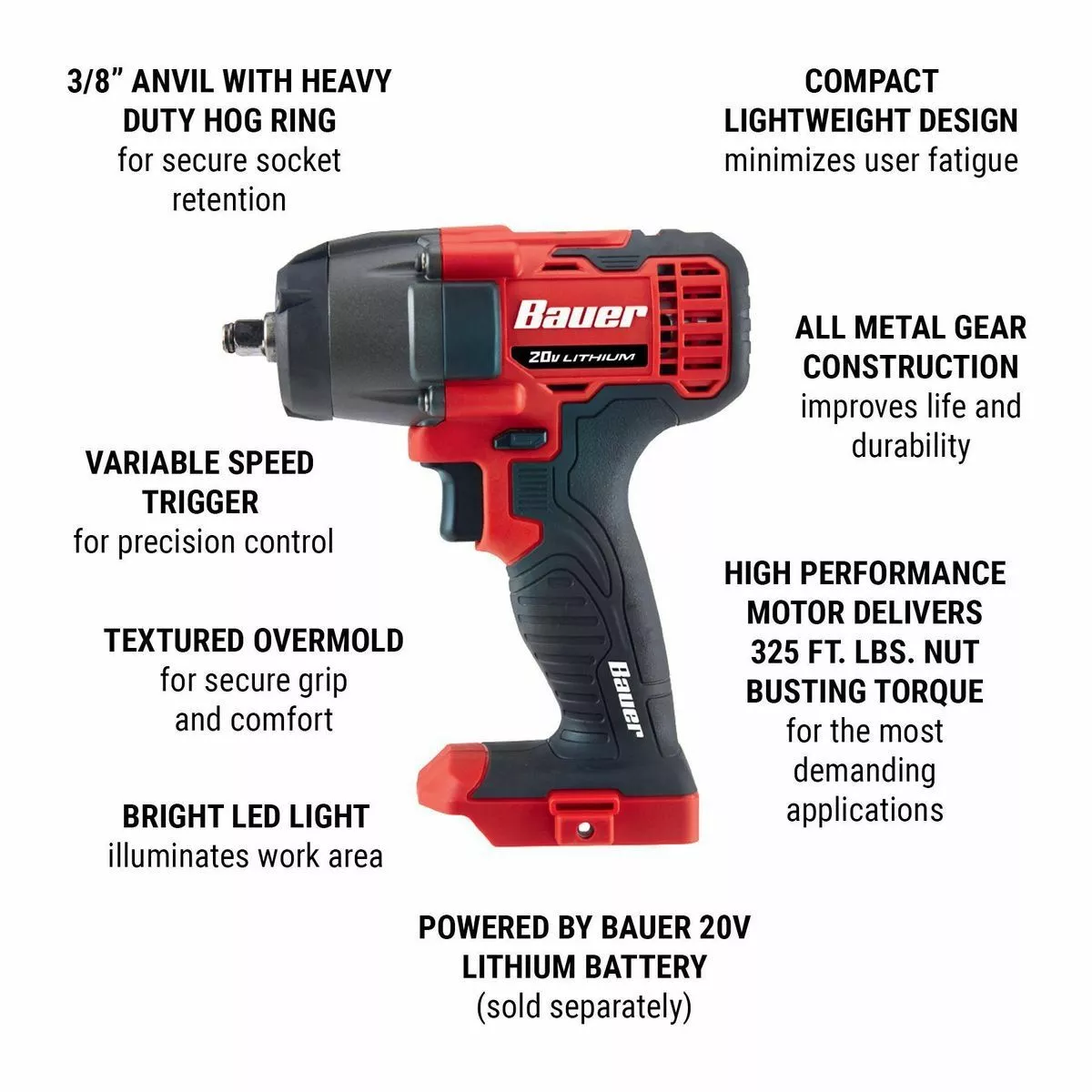 BAUER 20V Cordless 3/8 in. Compact Impact Wrench - Tool Only 5 BAUER 20V Cordless 3/8 in. Compact Impact Wrench - Tool Only - Image 5