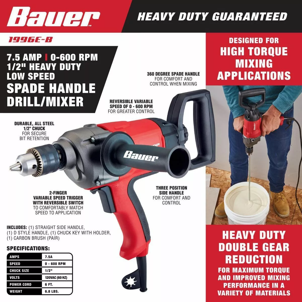 BAUER 7.5 1/2 in. Low Speed Spade Handle Drill/Mixer 4 BAUER 7.5 1/2 in. Low Speed Spade Handle Drill/Mixer - Image 4