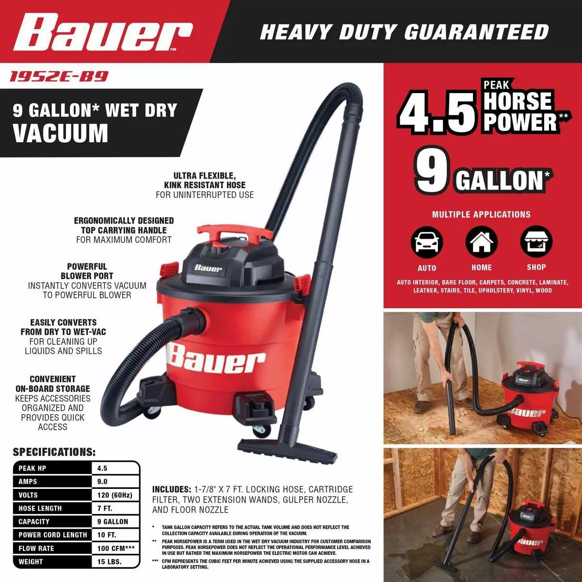 BAUER 9 Gallon 4.5 Peak Horsepower Wet/Dry Vacuum 4 BAUER 9 Gallon 4.5 Peak Horsepower Wet/Dry Vacuum - Image 4