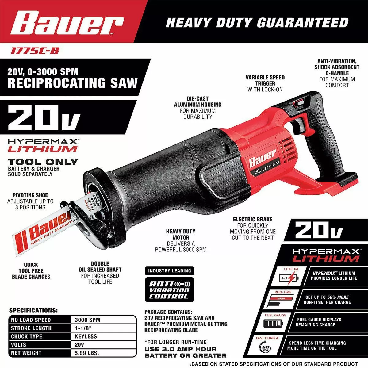 BAUER 20V Cordless Reciprocating Saw - Tool Only 7 BAUER 20V Cordless Reciprocating Saw - Tool Only - Image 7