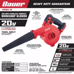 BAUER 20V Cordless 200 MPH Compact Workshop Blower - Tool Only -Bauer Popular Store 56416 W7