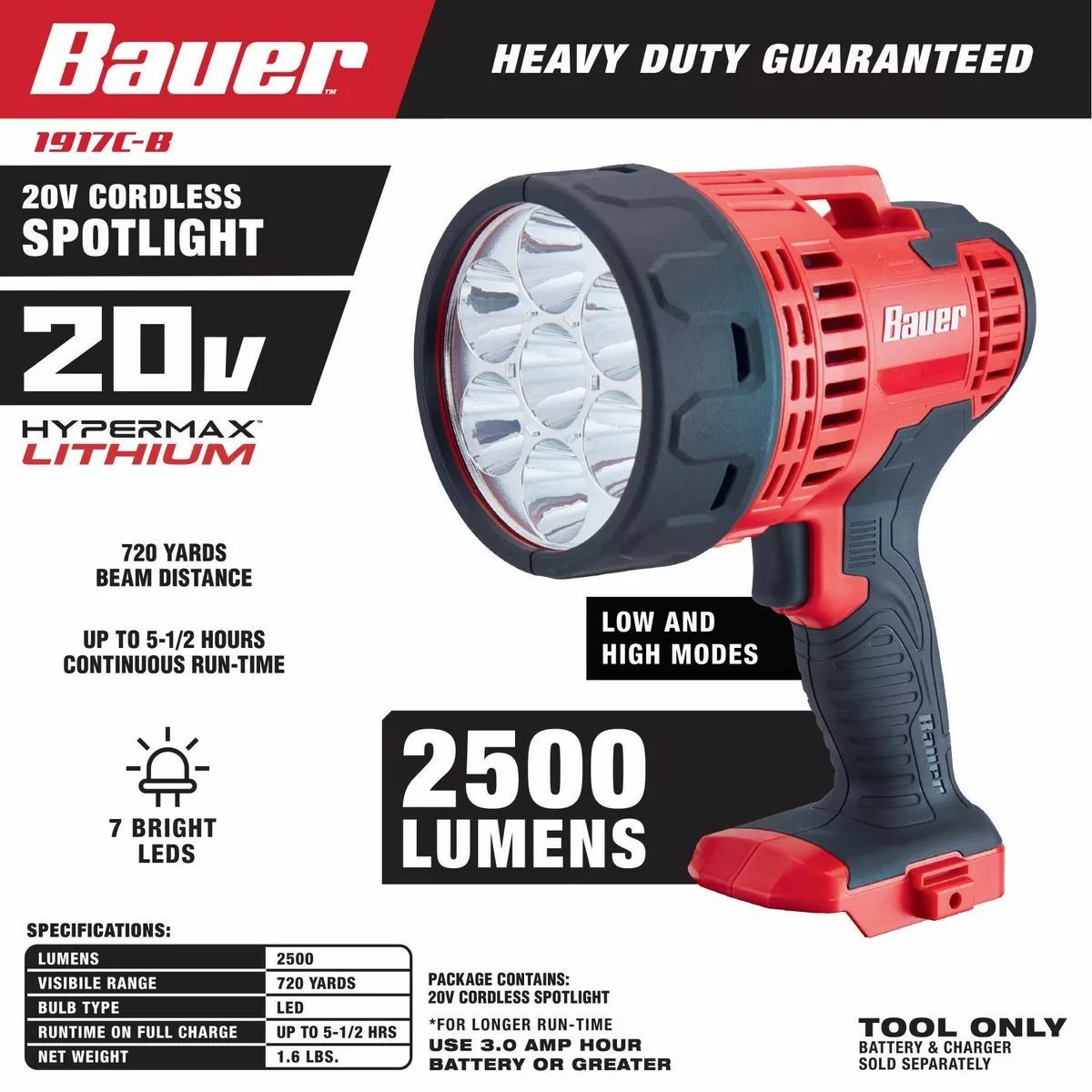 BAUER 20V Cordless 2500 Lumen Spotlight – Tool Only 6 BAUER 20V Cordless 2500 Lumen Spotlight – Tool Only - Image 6