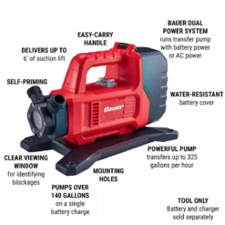 BAUER 20V/120V Lithium-Ion Dual Power Cordless Transfer Pump - Tool Only -Bauer Popular Store 56733 W2