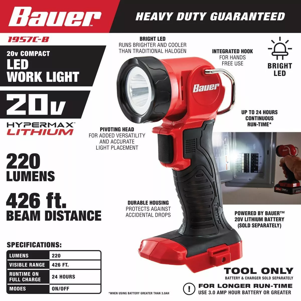 BAUER 20V Cordless 220 Lumen Work Light – Tool Only 6 BAUER 20V Cordless 220 Lumen Work Light – Tool Only - Image 6