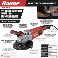 BAUER 15 Amp 7 in. Trigger Grip Angle Grinder with 180° Rotating Body 20 BAUER 15 Amp 7 in. Trigger Grip Angle Grinder with 180° Rotating Body -Bauer Popular Store 57003 W2SS