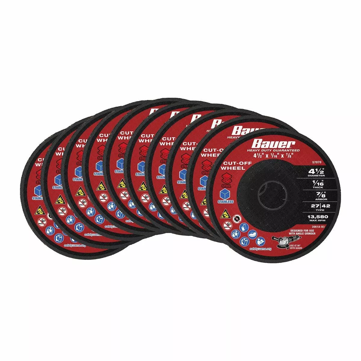 BAUER 4-1/2 in. x 1/16 in. x 7/8 in. Type 27/42 Metal Cut-off Wheel, 10 Pk. 2 BAUER 4-1/2 in. x 1/16 in. x 7/8 in. Type 27/42 Metal Cut-off Wheel, 10 Pk. - Image 2