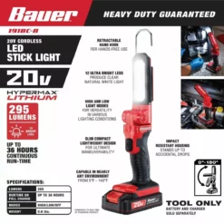BAUER 20V Cordless 295 Lumen Stick Light – Tool Only 15 BAUER 20V Cordless 295 Lumen Stick Light – Tool Only -Bauer Popular Store 57146 W2SS