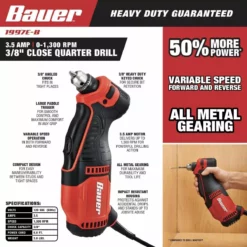 BAUER 3.5 Amp 3/8 in. Variable Speed Close Quarters Drill 11 BAUER 3.5 Amp 3/8 in. Variable Speed Close Quarters Drill -Bauer Popular Store 57148 W2SS