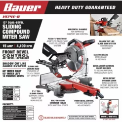 BAUER 12 in. Dual-Bevel Sliding Compound Miter Saw 12 BAUER 12 in. Dual-Bevel Sliding Compound Miter Saw -Bauer Popular Store 57151 W2SS