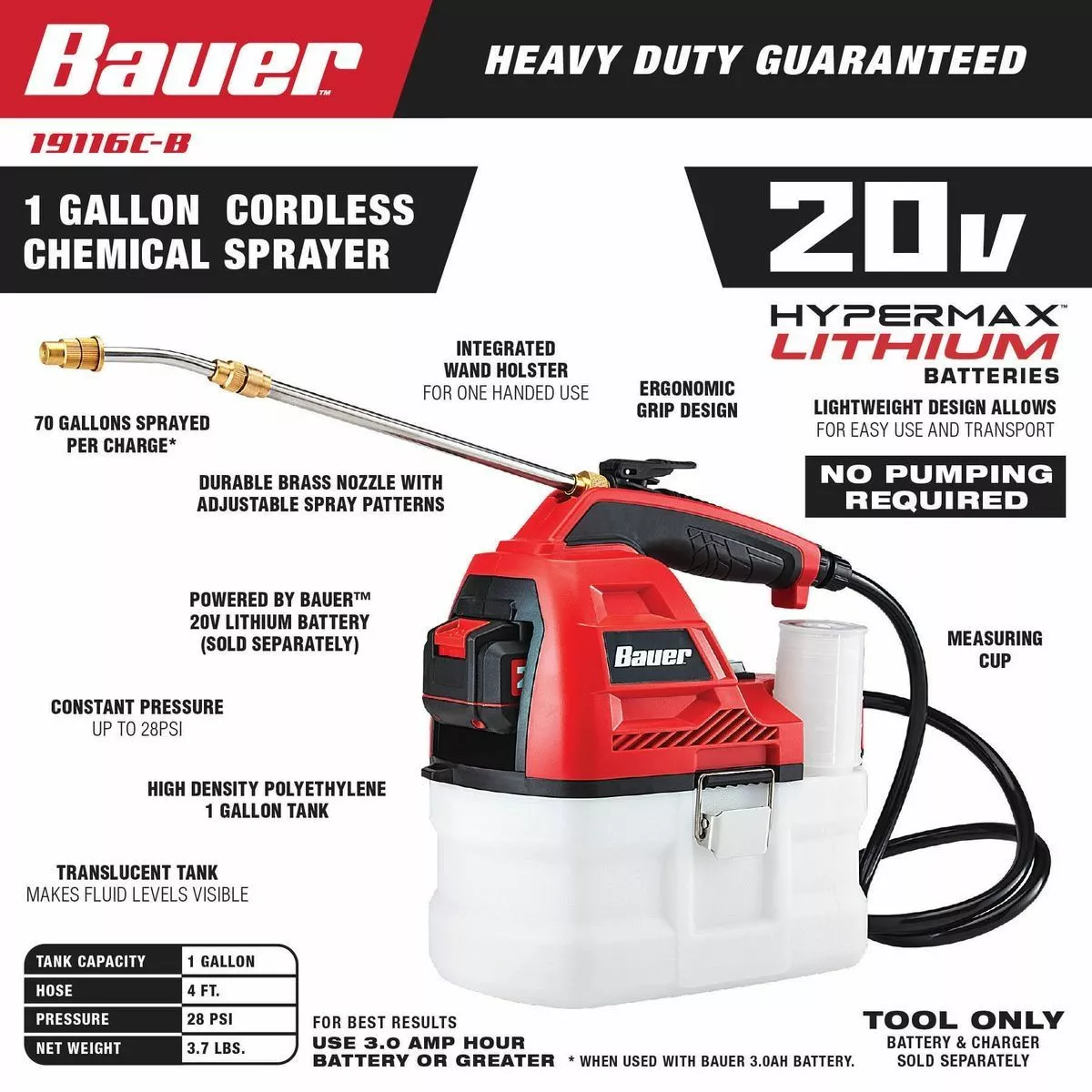 BAUER 20V Lithium-Ion Cordless 1 Gallon Chemical Sprayer - Tool Only 6 BAUER 20V Lithium-Ion Cordless 1 Gallon Chemical Sprayer - Tool Only - Image 6
