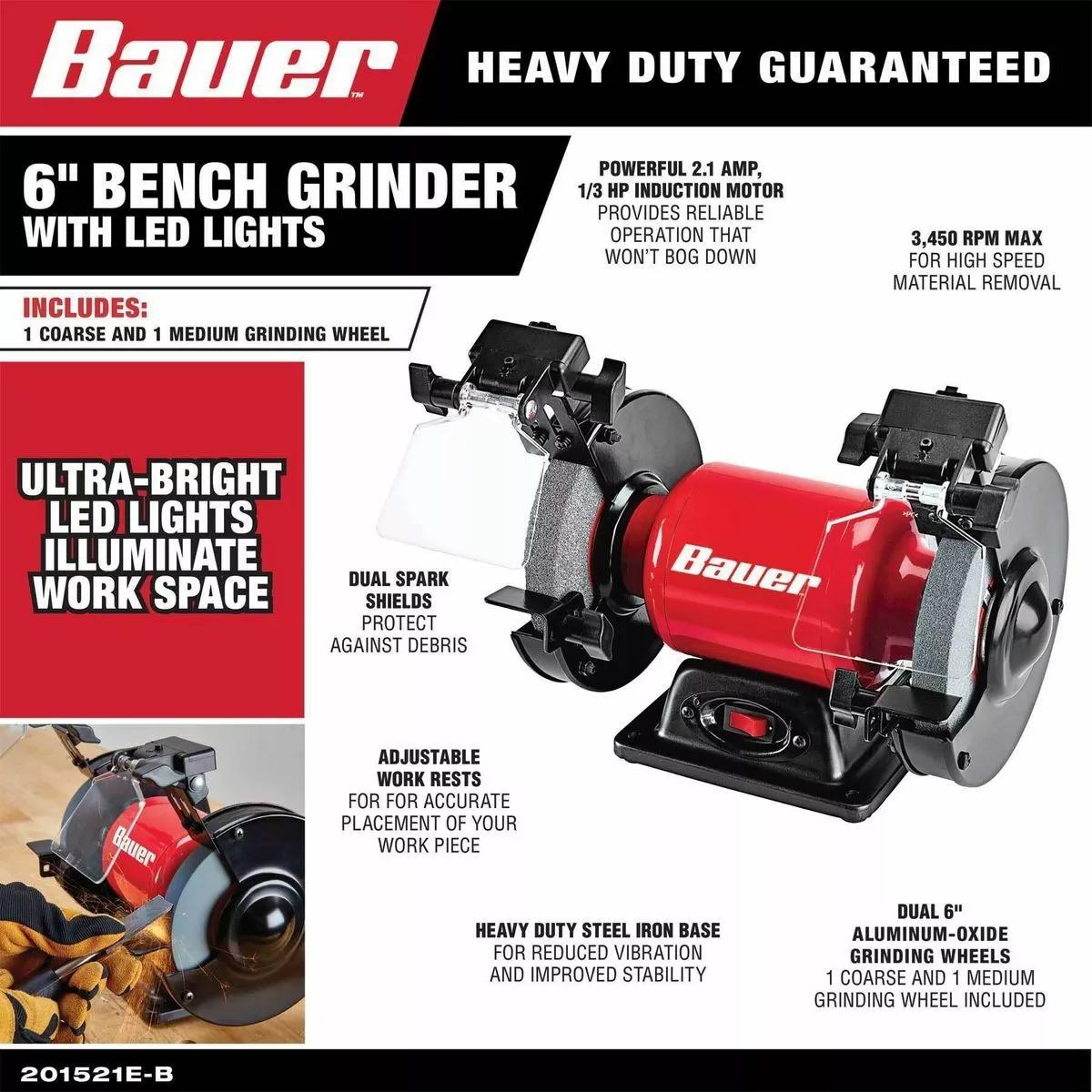 BAUER 6 in. Bench Grinder with LED Lights 3 BAUER 6 in. Bench Grinder with LED Lights - Image 3