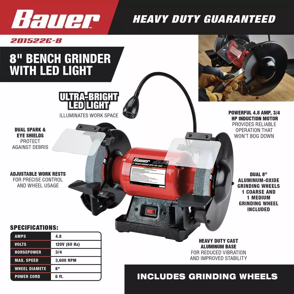 BAUER 8 in. Bench Grinder with LED Light 3 BAUER 8 in. Bench Grinder with LED Light - Image 3