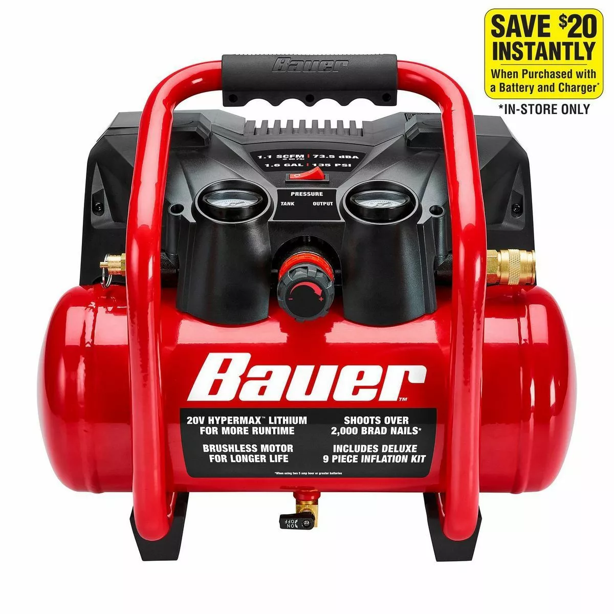 BAUER 1.6 Gallon 135 PSI 20V Brushless Cordless Air Compressor - Tool Only 3 BAUER 1.6 Gallon 135 PSI 20V Brushless Cordless Air Compressor - Tool Only - Image 3
