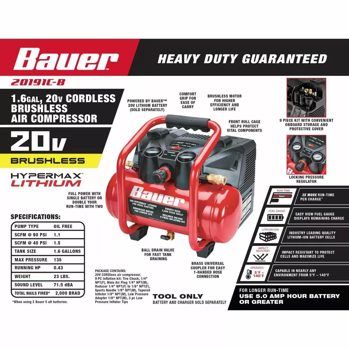BAUER 1.6 Gallon 135 PSI 20V Brushless Cordless Air Compressor - Tool Only 5 BAUER 1.6 Gallon 135 PSI 20V Brushless Cordless Air Compressor - Tool Only - Image 5