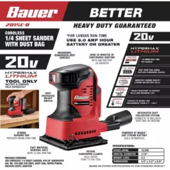 BAUER 20V Cordless 1/4 Sheet Sander with Dust Bag - Tool Only -Bauer Popular Store 57471 W2SS