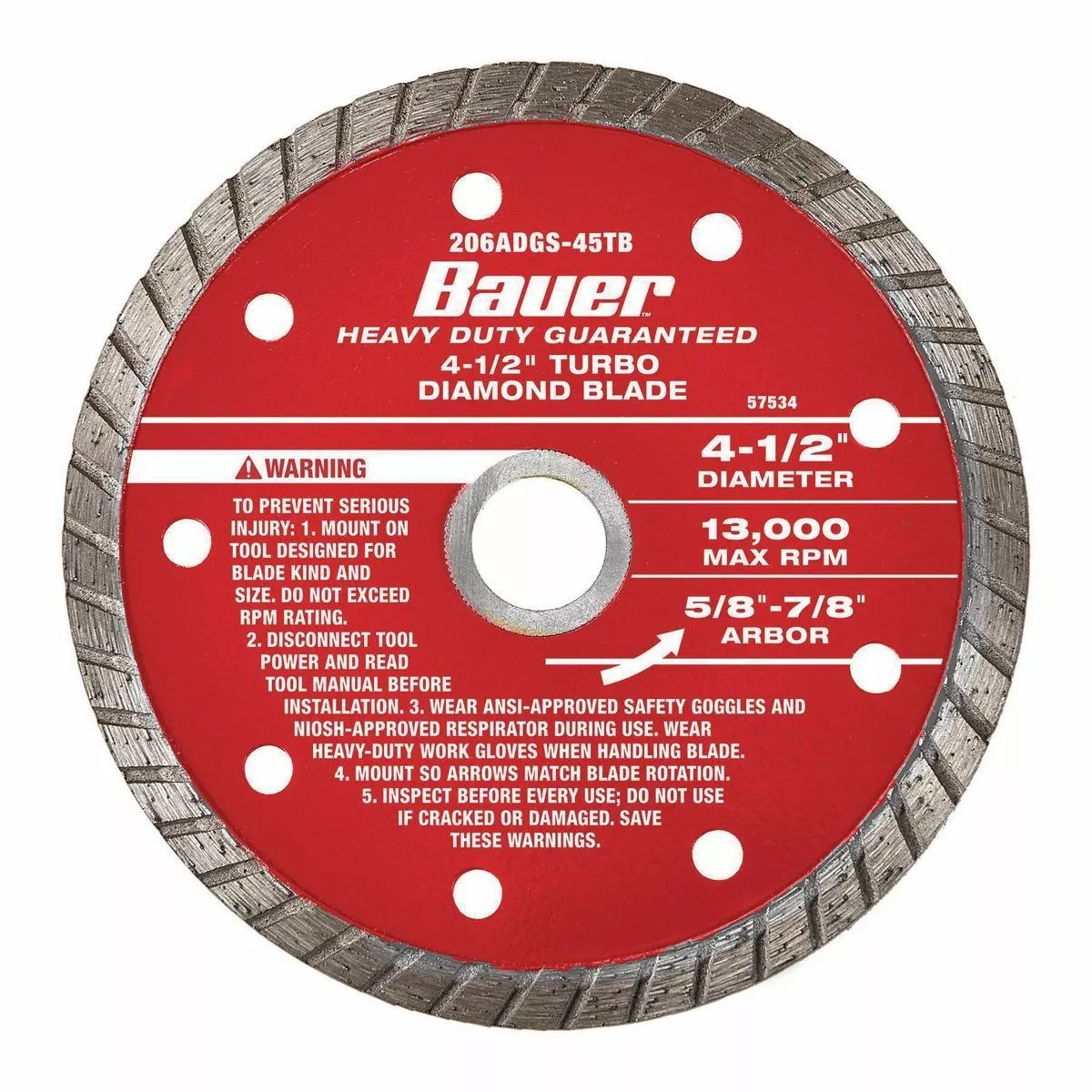 BAUER 4-1/2 in. Turbo Rim Wet or Dry Cut Diamond Saw Blade 1 BAUER 4-1/2 in. Turbo Rim Wet or Dry Cut Diamond Saw Blade