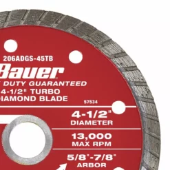 BAUER 4-1/2 in. Turbo Rim Wet or Dry Cut Diamond Saw Blade 6 BAUER 4-1/2 in. Turbo Rim Wet or Dry Cut Diamond Saw Blade -Bauer Popular Store 57534 W4