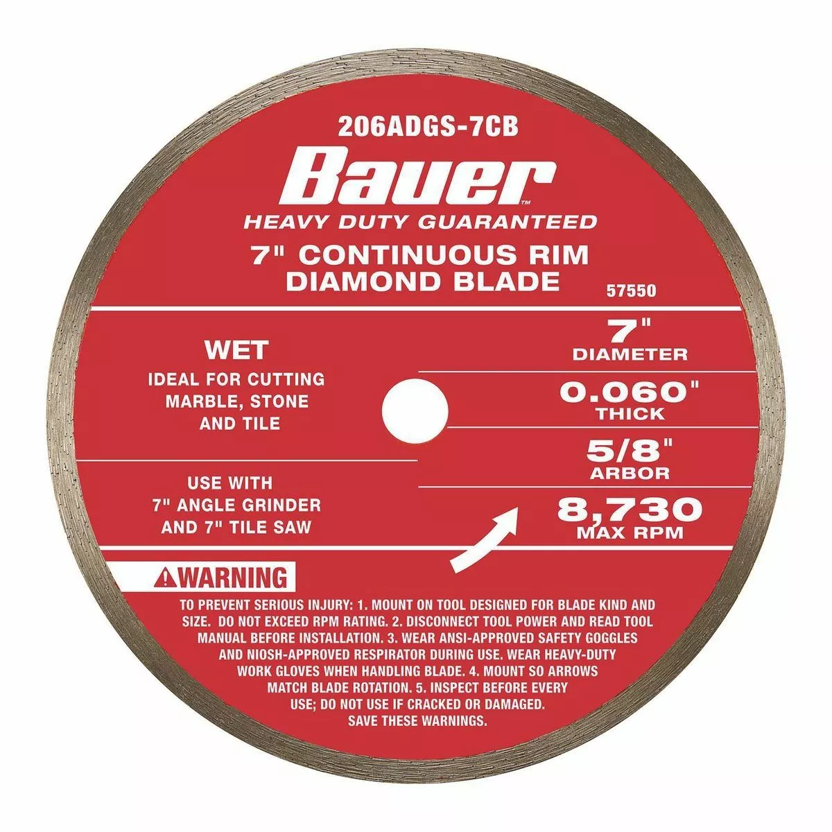 BAUER 7 in. Continuous Rim Wet Cut Diamond Saw Blade 2 BAUER 7 in. Continuous Rim Wet Cut Diamond Saw Blade - Image 2