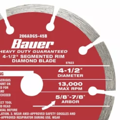 BAUER 4-1/2 in. Segmented Rim Wet or Dry Cut Diamond Saw Blade 9 BAUER 4-1/2 in. Segmented Rim Wet or Dry Cut Diamond Saw Blade -Bauer Popular Store 57623 W4