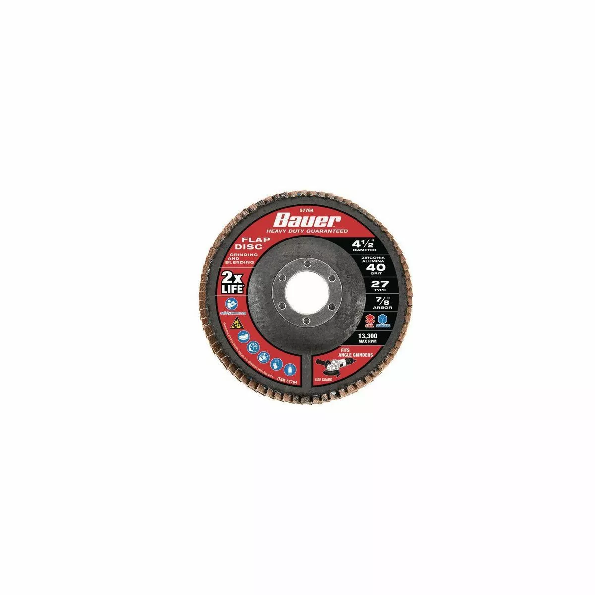 BAUER 4-1/2 in. x 7/8 in. 40-Grit Type 27 Flap Disc with Fiberglass Backing and Zirconia Grain 1 BAUER 4-1/2 in. x 7/8 in. 40-Grit Type 27 Flap Disc with Fiberglass Backing and Zirconia Grain