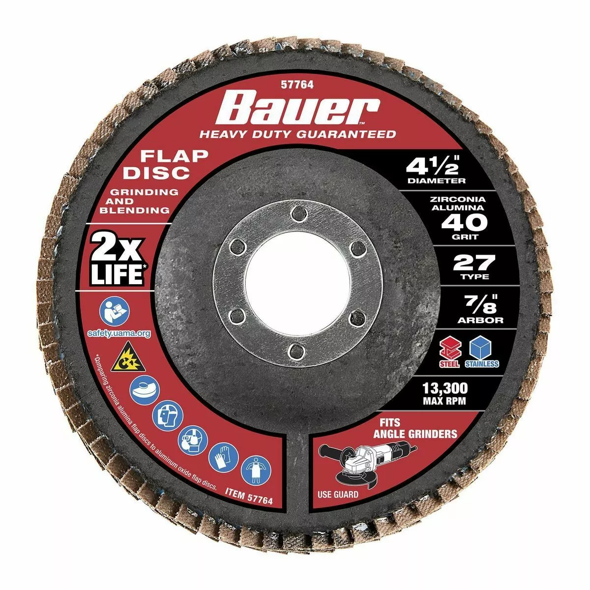 BAUER 4-1/2 in. x 7/8 in. 40-Grit Type 27 Flap Disc with Fiberglass Backing and Zirconia Grain 2 BAUER 4-1/2 in. x 7/8 in. 40-Grit Type 27 Flap Disc with Fiberglass Backing and Zirconia Grain - Image 2