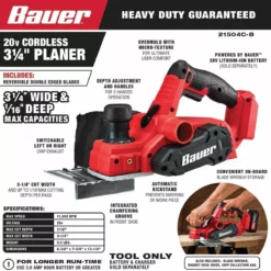 BAUER 20V Cordless 3-1/4 in. Planer - Tool Only 12 BAUER 20V Cordless 3-1/4 in. Planer - Tool Only -Bauer Popular Store 57777 W2SS