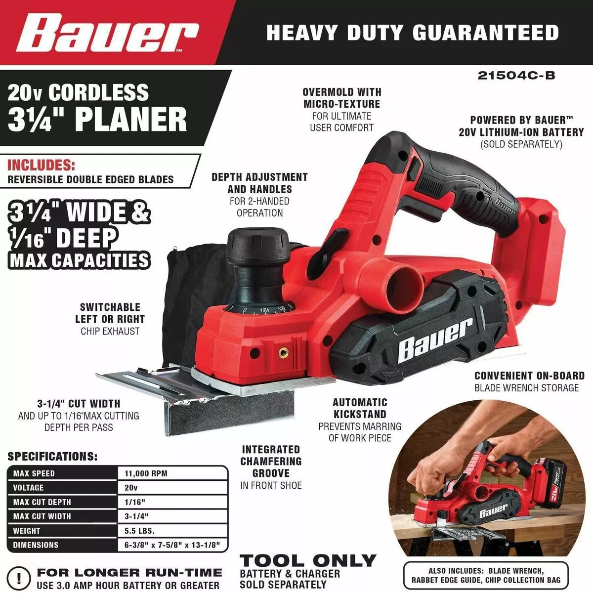 BAUER 20V Cordless 3-1/4 in. Planer - Tool Only 4 BAUER 20V Cordless 3-1/4 in. Planer - Tool Only - Image 4