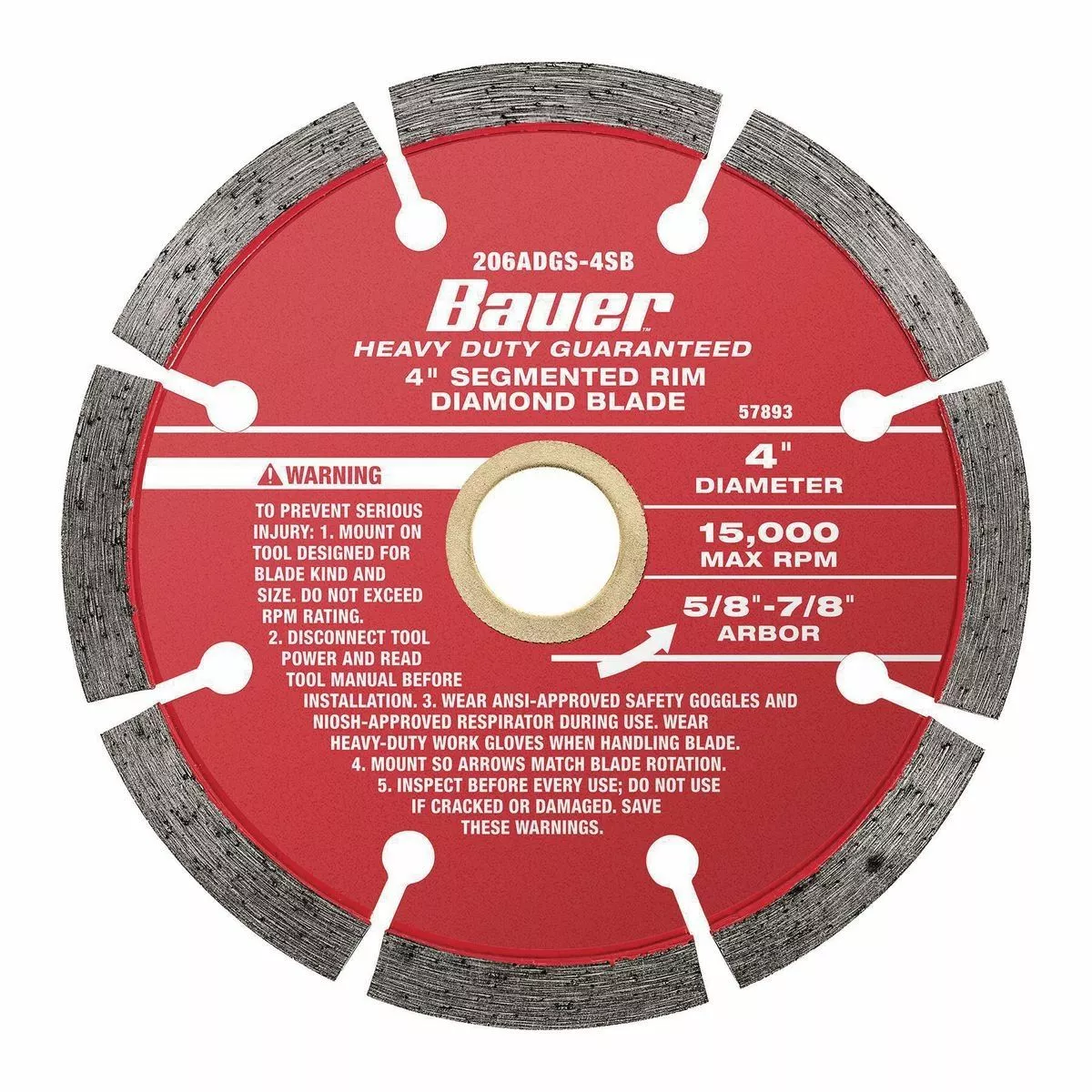 BAUER 4 in. Segmented Rim Wet or Dry Cut Diamond Saw Blade 1 BAUER 4 in. Segmented Rim Wet or Dry Cut Diamond Saw Blade