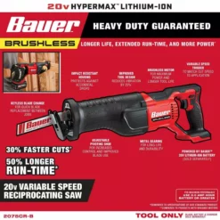 BAUER 20V Brushless Cordless Reciprocating Saw - Tool Only 14 BAUER 20V Brushless Cordless Reciprocating Saw - Tool Only -Bauer Popular Store 58075 W2SS
