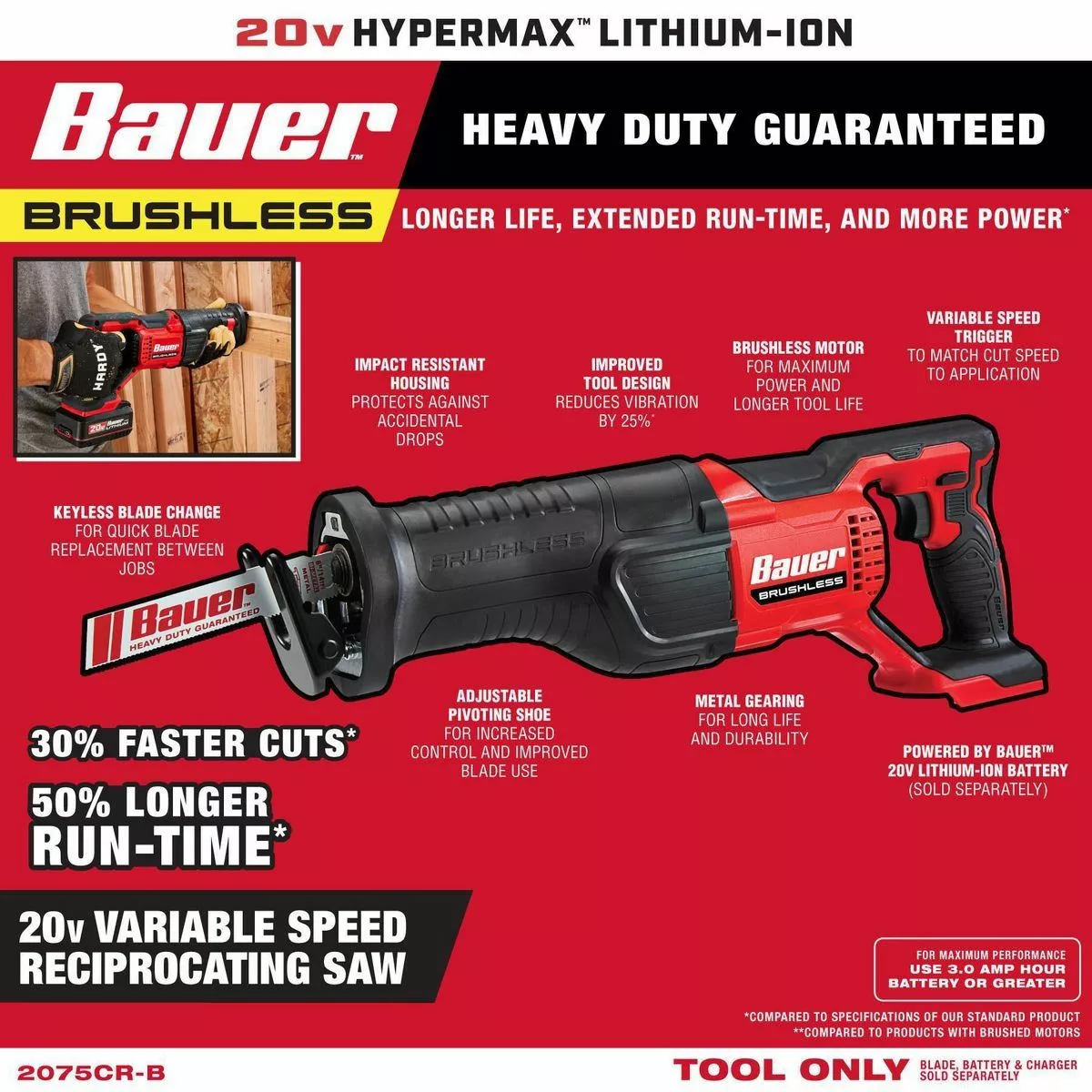 BAUER 20V Brushless Cordless Reciprocating Saw - Tool Only 5 BAUER 20V Brushless Cordless Reciprocating Saw - Tool Only - Image 5
