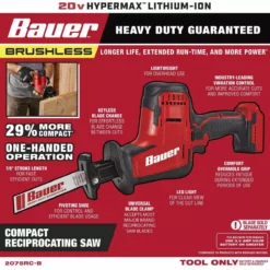 BAUER 20V Brushless Cordless Compact Reciprocating Saw – Tool Only -Bauer Popular Store 58458 W2SS