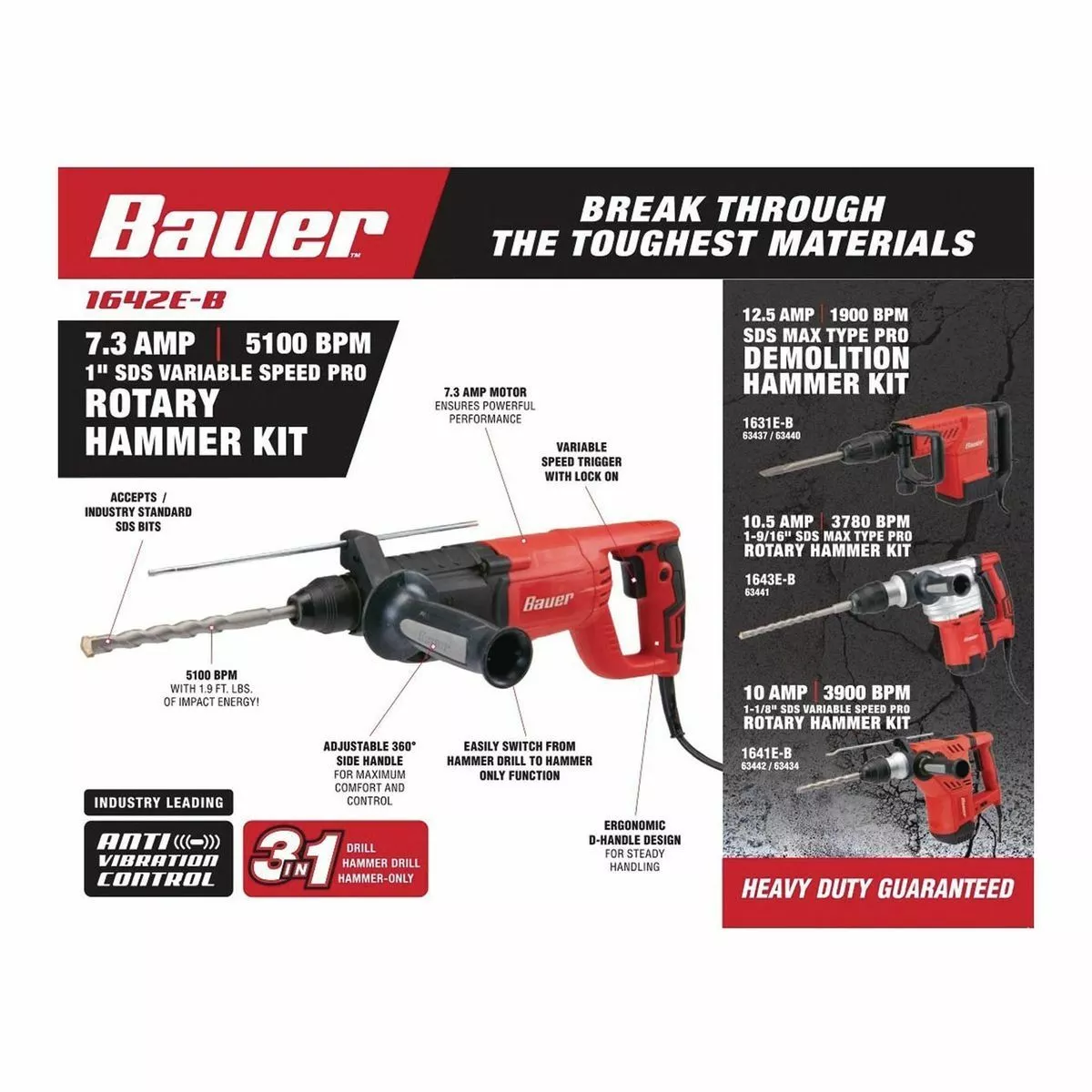 BAUER 7.3 Amp 1 in. SDS Plus-Type Variable Speed Rotary Hammer 2 BAUER 7.3 Amp 1 in. SDS Plus-Type Variable Speed Rotary Hammer - Image 2