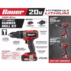 BAUER 20V Cordless 1/2 in. Variable Speed Hammer Drill/Driver Kit -Bauer Popular Store 63527 ss