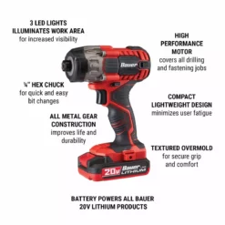 BAUER 20V Cordless 1/4 in. Hex Compact Impact Driver Kit with 1.5Ah Battery, Rapid Charger, and Bag 11 BAUER 20V Cordless 1/4 in. Hex Compact Impact Driver Kit with 1.5Ah Battery, Rapid Charger, and Bag -Bauer Popular Store 63528 W2