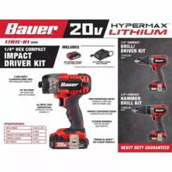 BAUER 20V Cordless 1/4 in. Hex Compact Impact Driver Kit with 1.5Ah Battery, Rapid Charger, and Bag 12 BAUER 20V Cordless 1/4 in. Hex Compact Impact Driver Kit with 1.5Ah Battery, Rapid Charger, and Bag -Bauer Popular Store 63528 W9