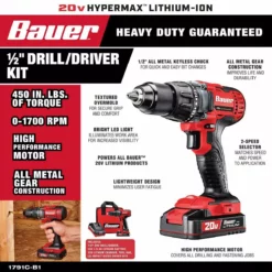 BAUER 20V Cordless 1/2 in. Drill/Driver Kit -Bauer Popular Store 63531 W2SS