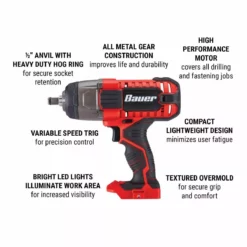 BAUER 20V Cordless 1/2 in. Impact Wrench - Tool Only 15 BAUER 20V Cordless 1/2 in. Impact Wrench - Tool Only -Bauer Popular Store 63629 W2