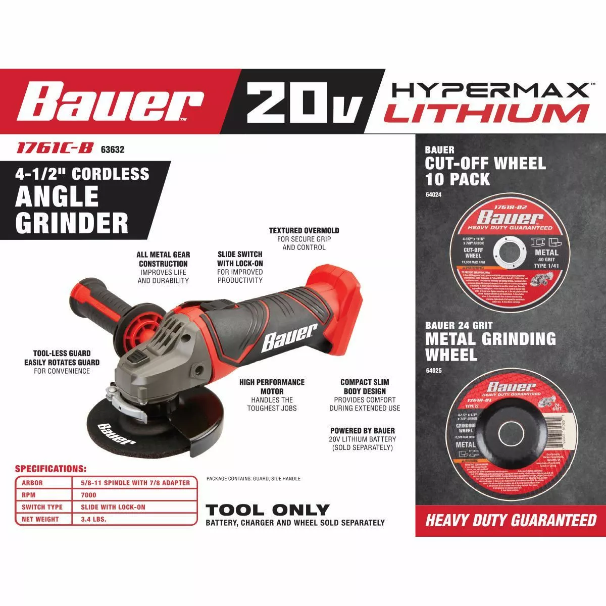BAUER 20V Cordless 4-1/2 in. Slide Switch Angle Grinder - Tool Only 4 BAUER 20V Cordless 4-1/2 in. Slide Switch Angle Grinder - Tool Only - Image 4