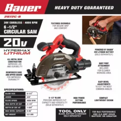 BAUER 20V Cordless 6-1/2 in. Circular Saw - Tool Only 13 BAUER 20V Cordless 6-1/2 in. Circular Saw - Tool Only -Bauer Popular Store 63634 W2SS