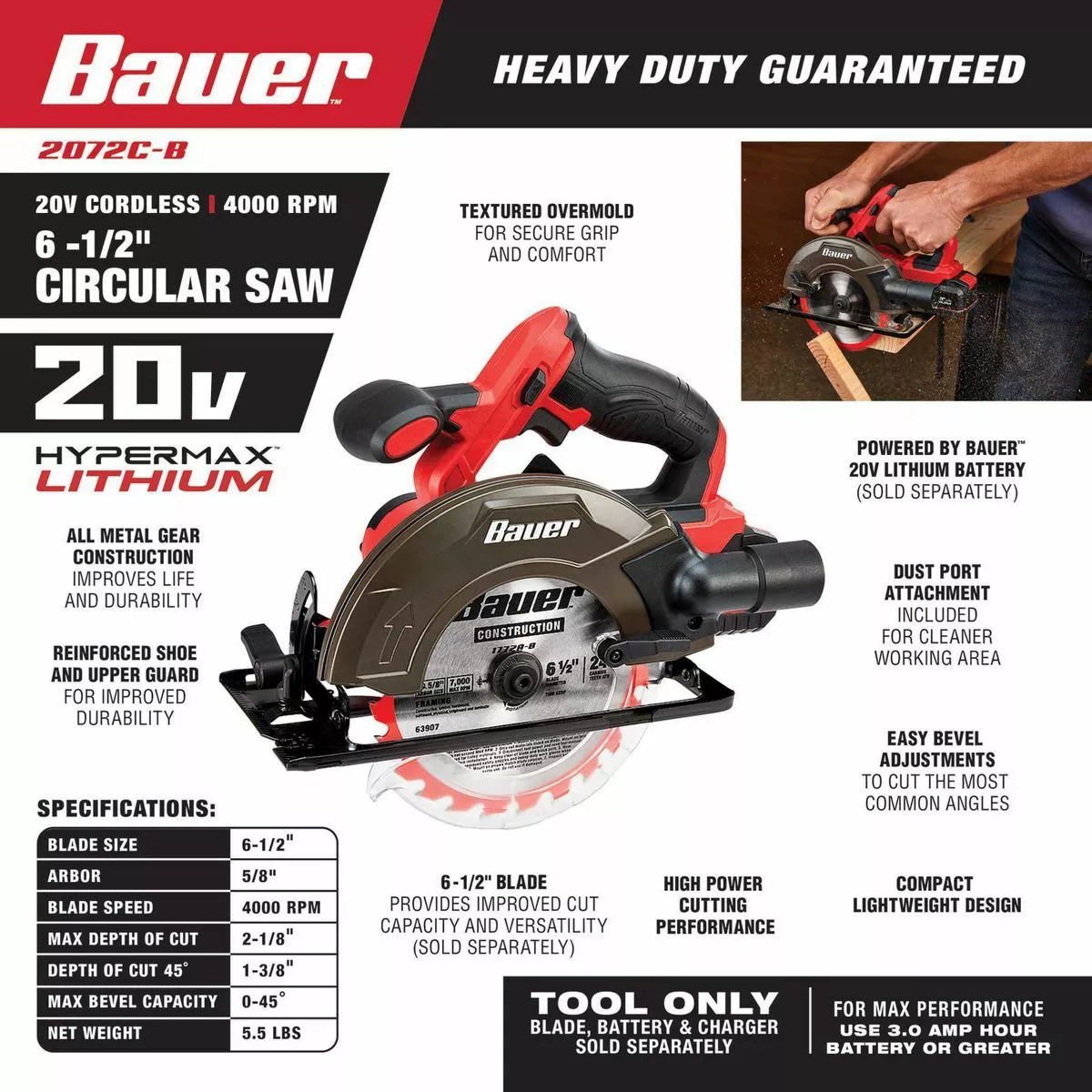 BAUER 20V Cordless 6-1/2 in. Circular Saw - Tool Only 5 BAUER 20V Cordless 6-1/2 in. Circular Saw - Tool Only - Image 5