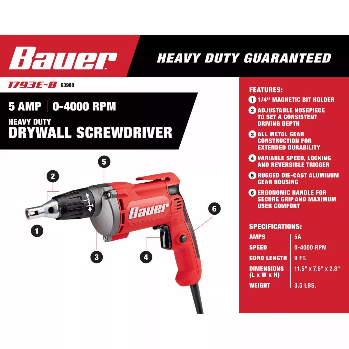 BAUER 5 Amp Variable Speed Drywall Screwdriver with Adjustable Nosepiece 2 BAUER 5 Amp Variable Speed Drywall Screwdriver with Adjustable Nosepiece - Image 2