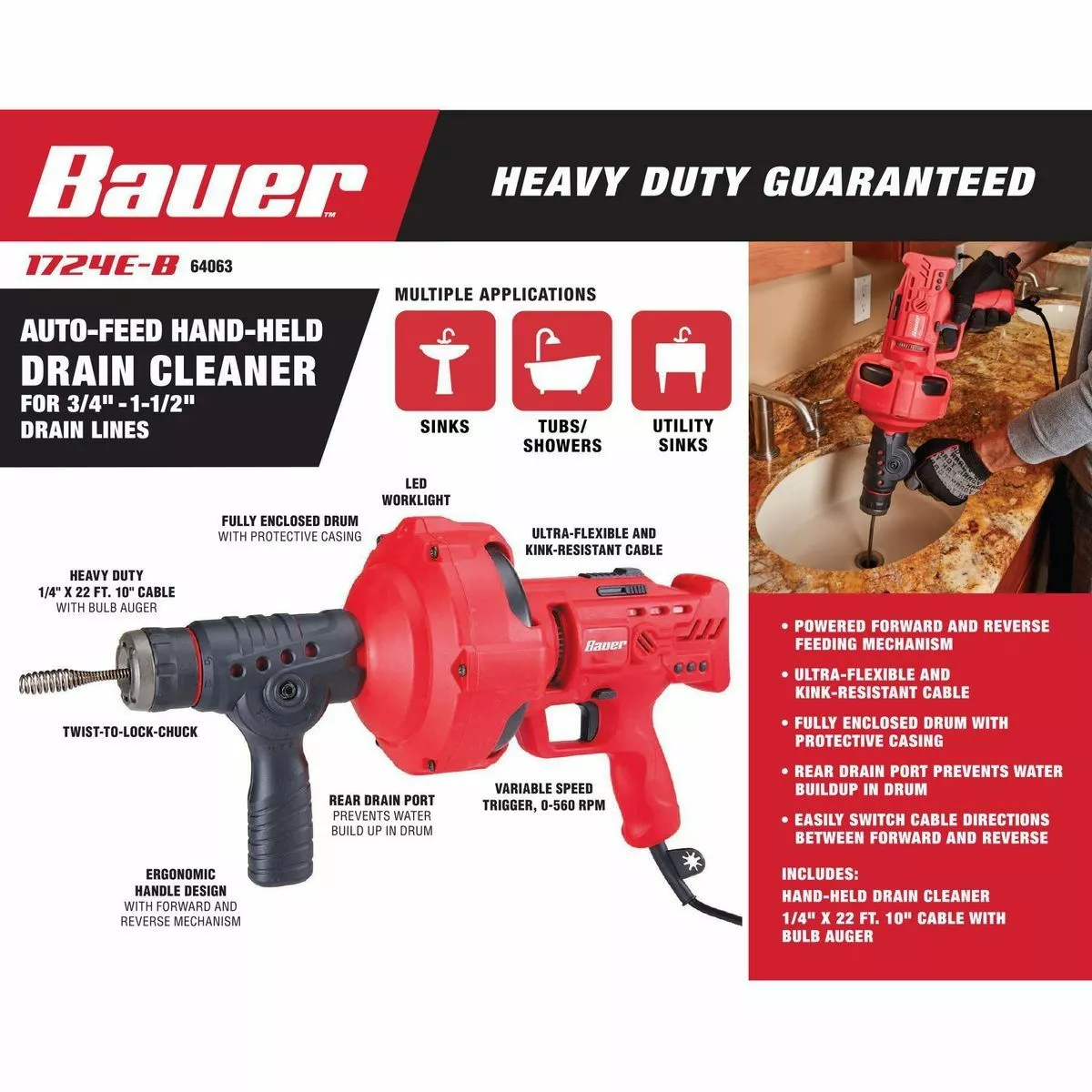 BAUER 23 ft. Auto-Feed Handheld Electric Drain Cleaner 3 BAUER 23 ft. Auto-Feed Handheld Electric Drain Cleaner - Image 3