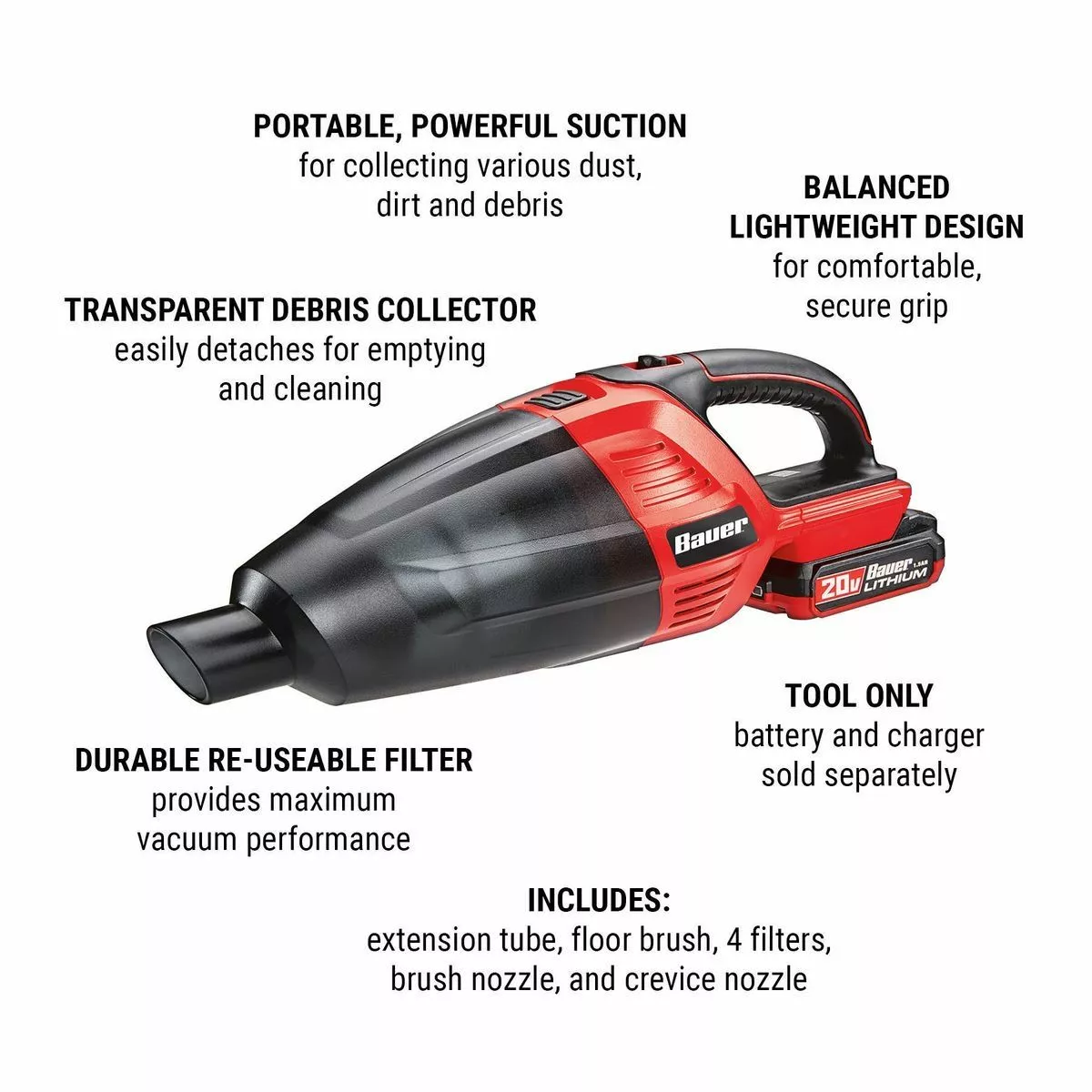 BAUER 20v Cordless Hand Vacuum with Floor and Crevice Tools – Tool Only 5 BAUER 20v Cordless Hand Vacuum with Floor and Crevice Tools – Tool Only - Image 5