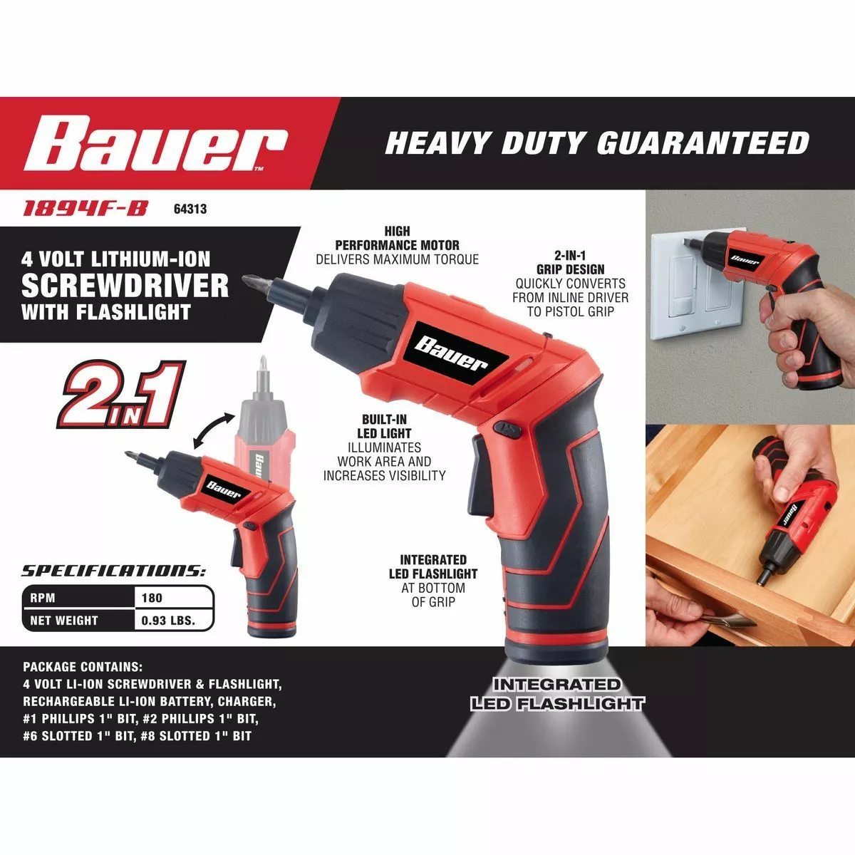 BAUER 4V Cordless 1/4 in. Screwdriver with Integrated Flashlight Kit with 4 Insert Bits and Wall Charger 3 BAUER 4V Cordless 1/4 in. Screwdriver with Integrated Flashlight Kit with 4 Insert Bits and Wall Charger - Image 3