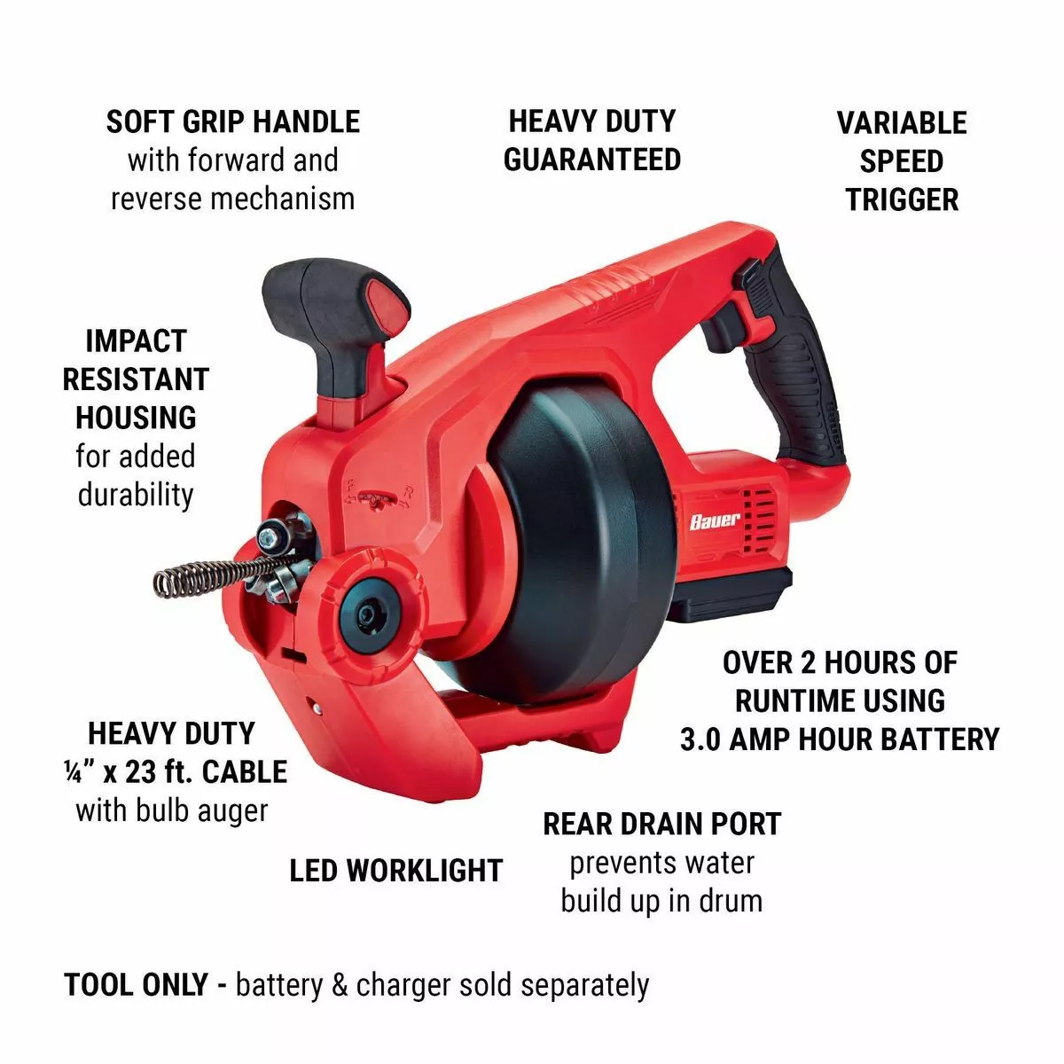 BAUER 20V Cordless Auto-Feed Drain Cleaner - Tool Only 5 BAUER 20V Cordless Auto-Feed Drain Cleaner - Tool Only - Image 5