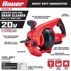 BAUER 20V Cordless Auto-Feed Drain Cleaner - Tool Only 16 BAUER 20V Cordless Auto-Feed Drain Cleaner - Tool Only -Bauer Popular Store 64483 W2SS