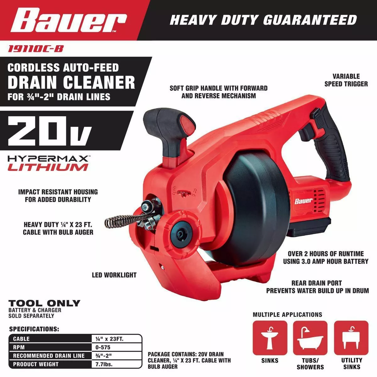 BAUER 20V Cordless Auto-Feed Drain Cleaner - Tool Only 6 BAUER 20V Cordless Auto-Feed Drain Cleaner - Tool Only - Image 6