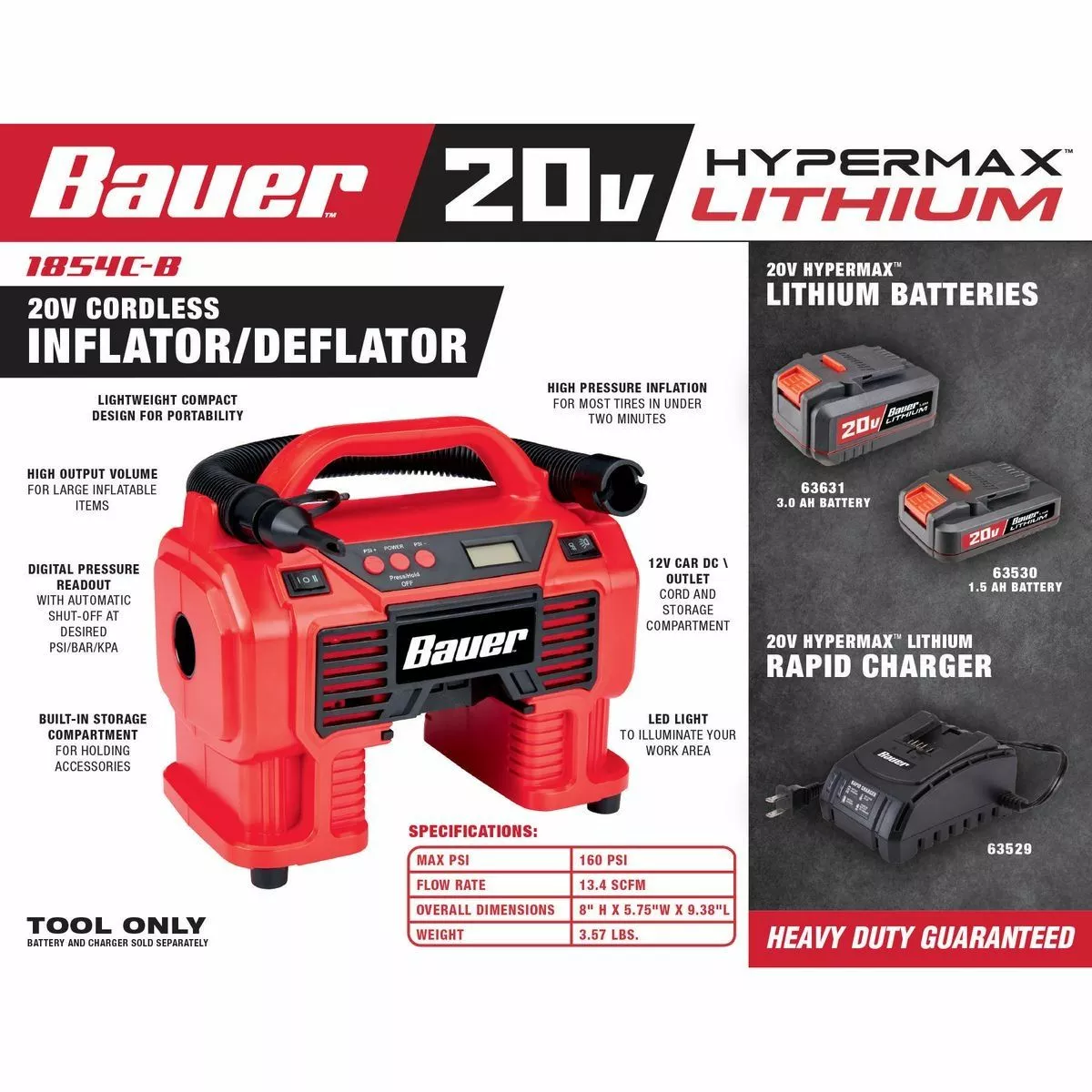 BAUER 20V Cordless Dual Power 0-160 PSI Inflator/Deflator - Tool Only 15 BAUER 20V Cordless Dual Power 0-160 PSI Inflator/Deflator - Tool Only - Image 15