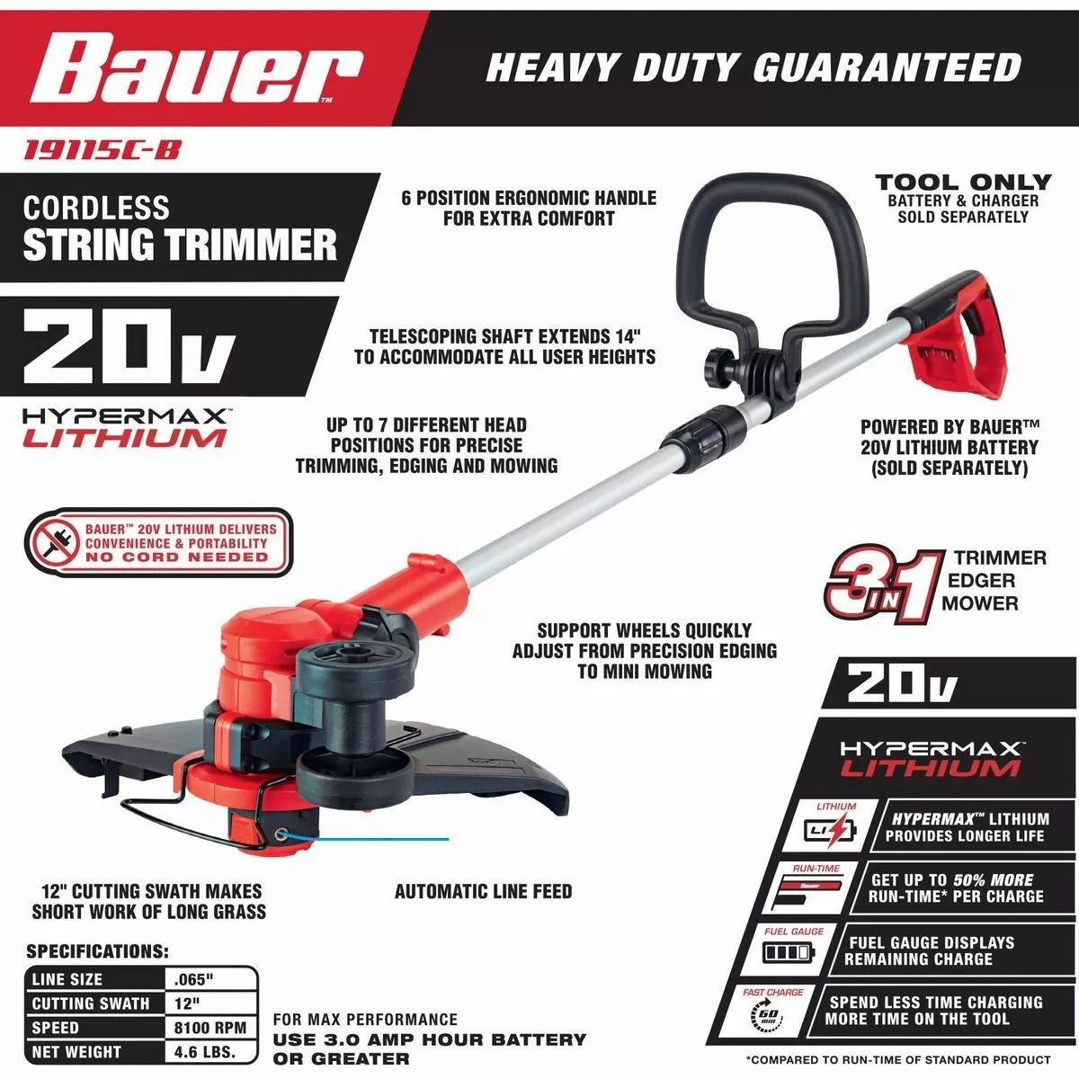 BAUER 20v Lithium-Ion Cordless String Trimmer – Tool Only 6 BAUER 20v Lithium-Ion Cordless String Trimmer – Tool Only - Image 6
